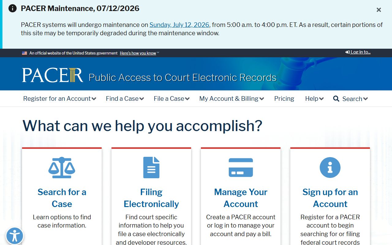 PACER registration and search system for federal court dockets