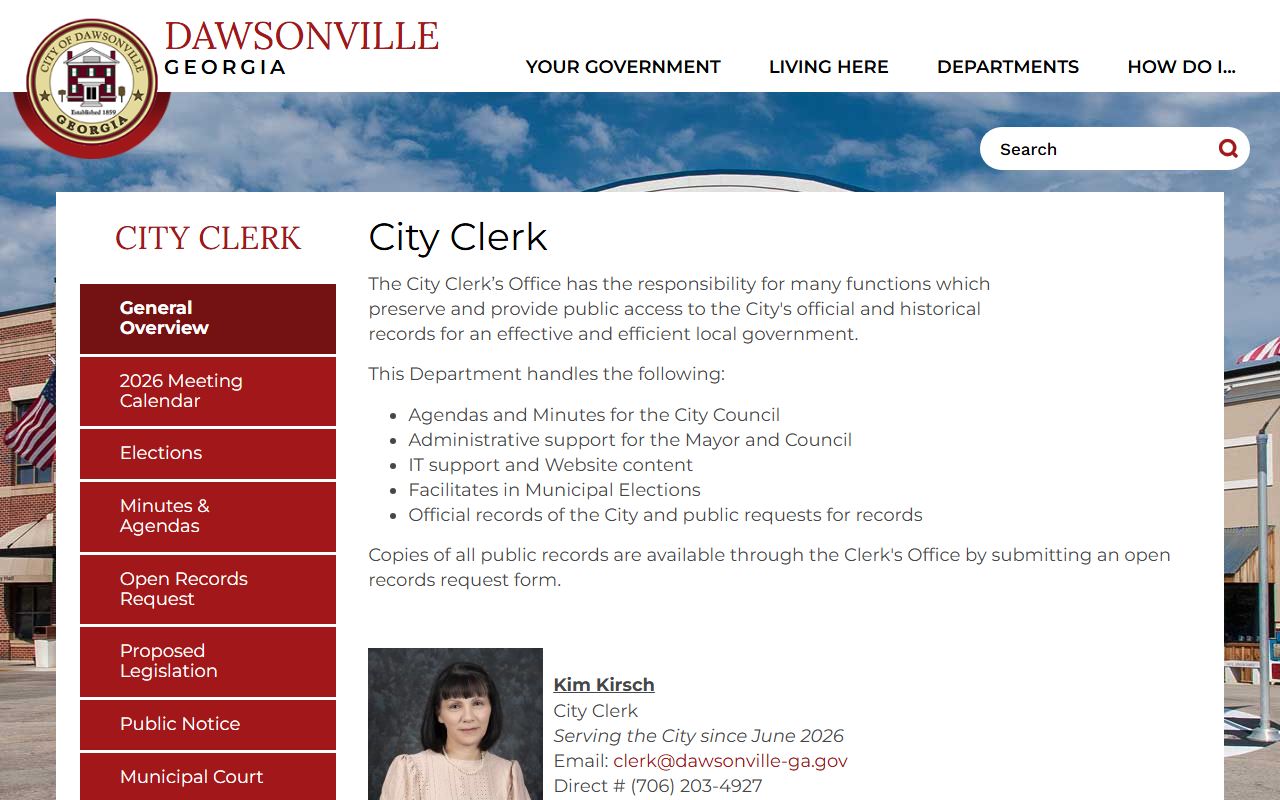 City of Dawsonville clerk page used for municipal record routing