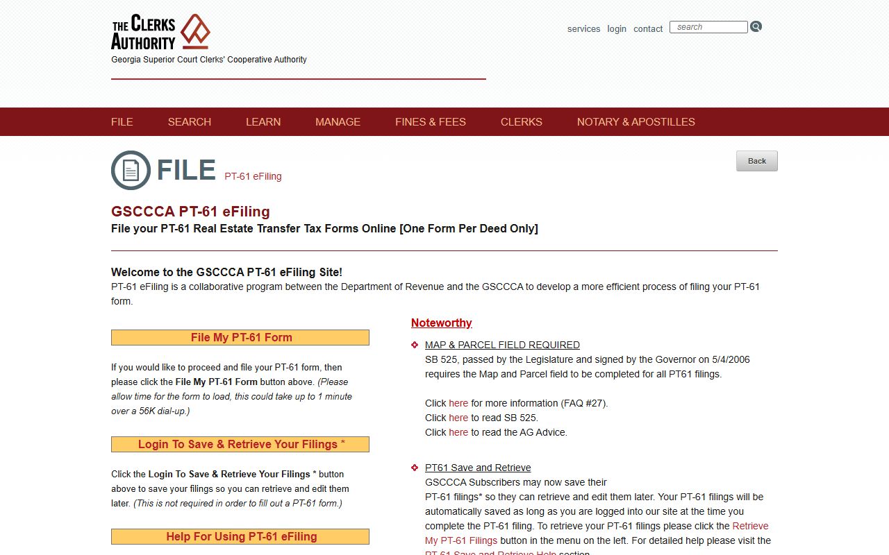 GSCCCA PT-61 e-filing page used in Georgia court and property record routing