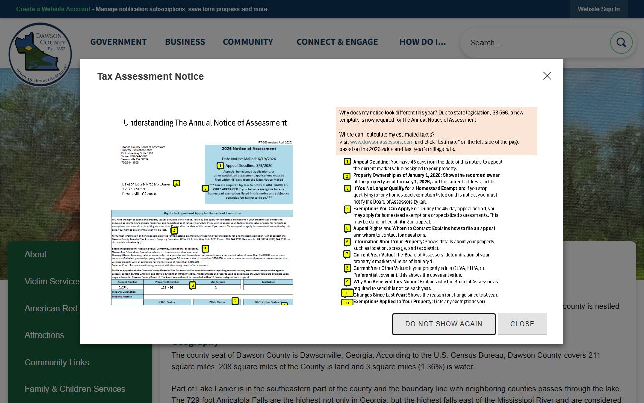 Dawson County about page with county background and census facts