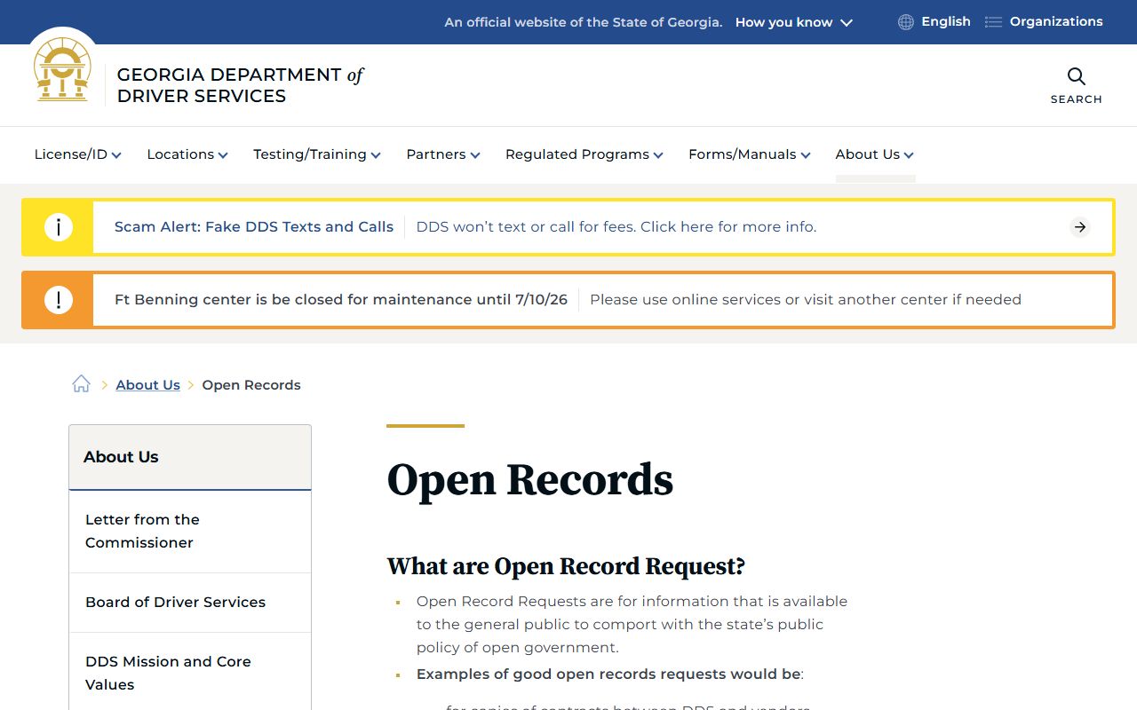 Georgia Department of Driver Services open records instructions