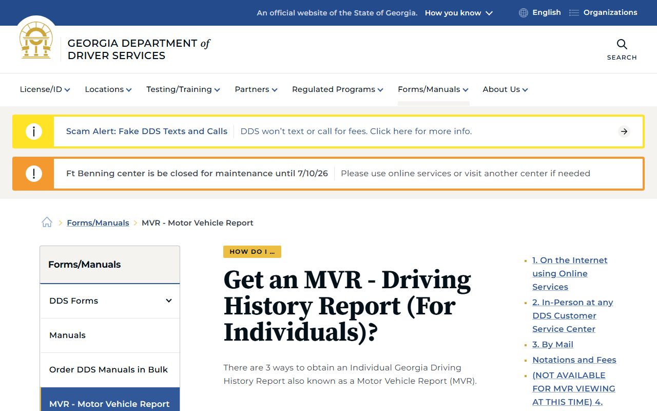 Georgia Department of Driver Services driving history report instructions