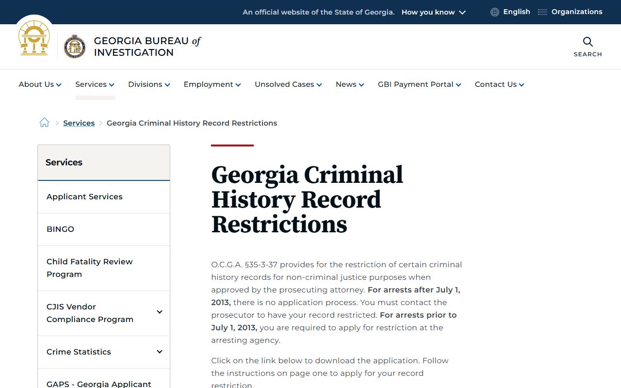 Georgia Bureau of Investigation criminal history record restriction information