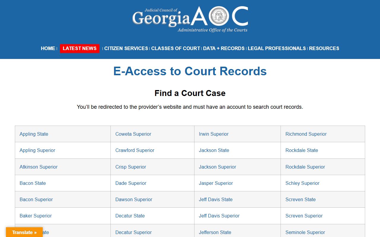 Georgia Courts e-access page listing court record provider access