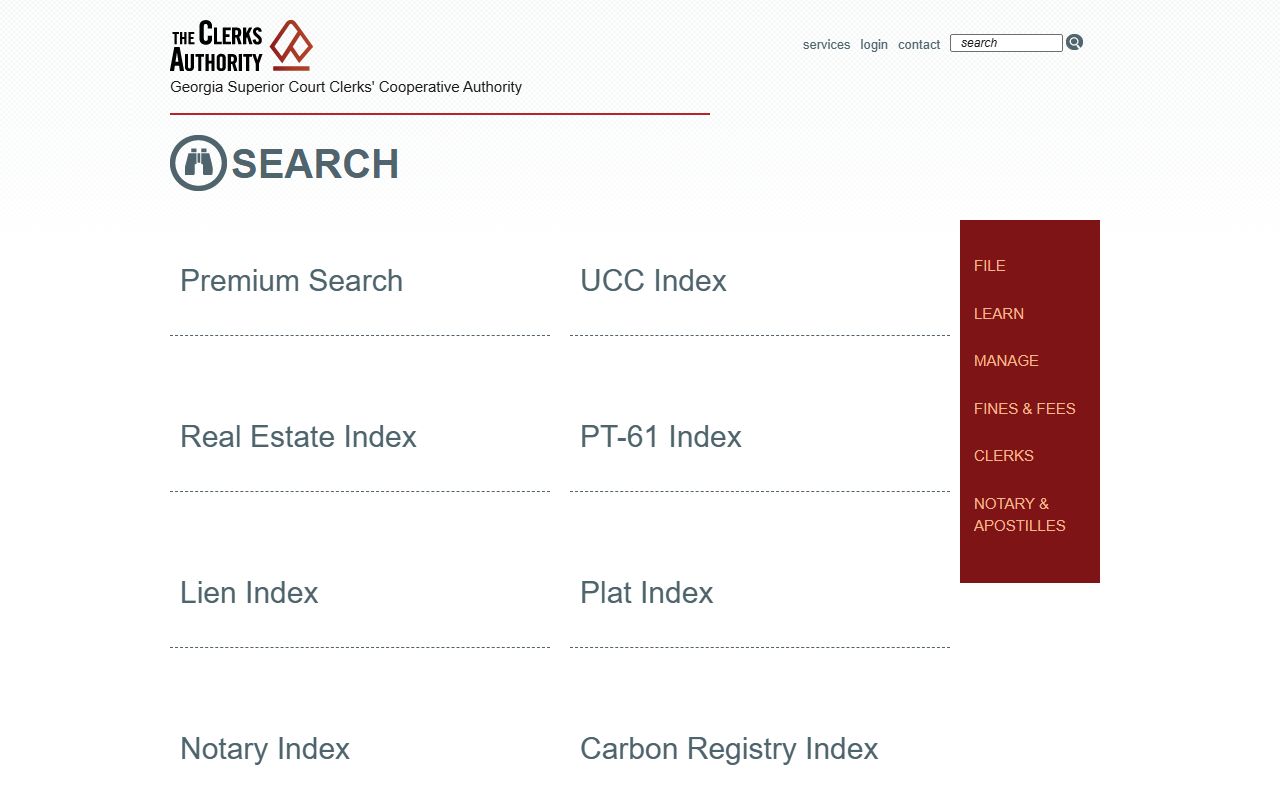 GSCCCA search menu for real estate UCC lien plat PT-61 and notary records