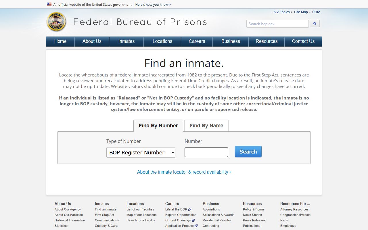 Federal Bureau of Prisons inmate locator for federal custody search