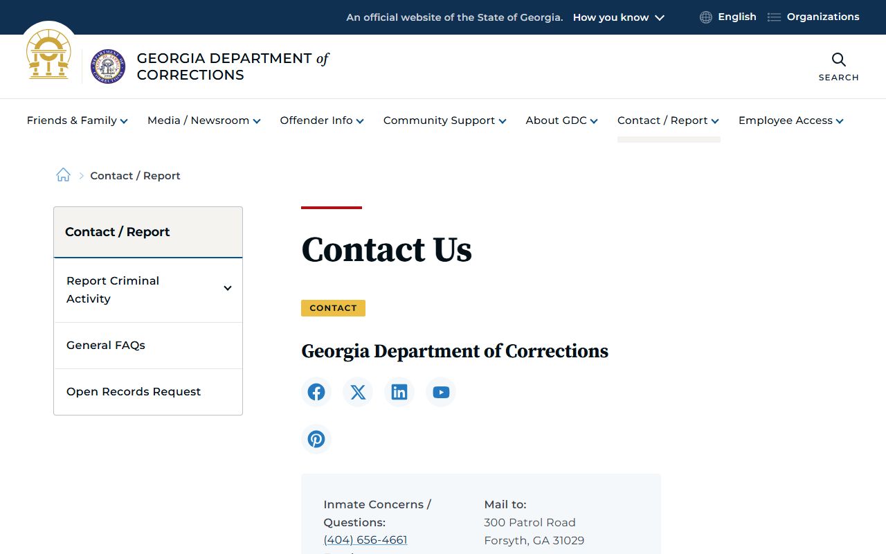 Georgia Department of Corrections contact page for state prison records