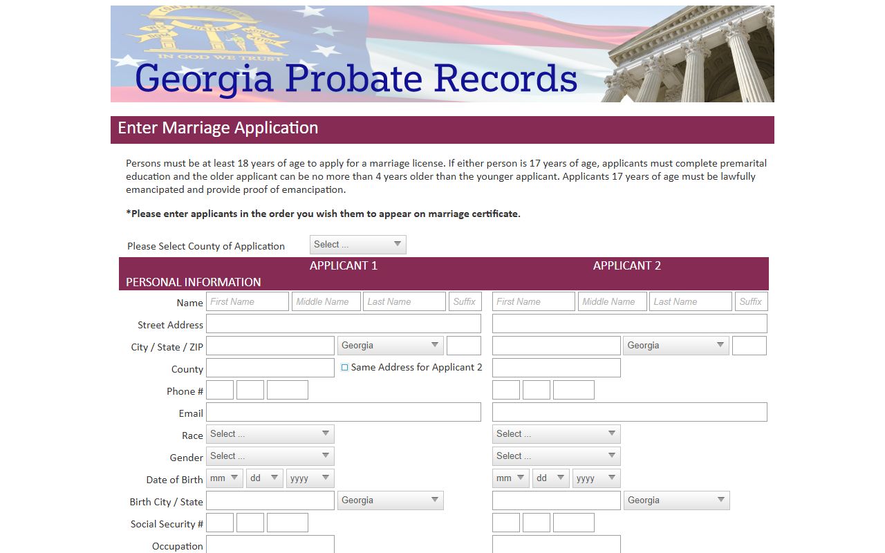 Dawson County marriage records Georgia Probate Records marriage application portal